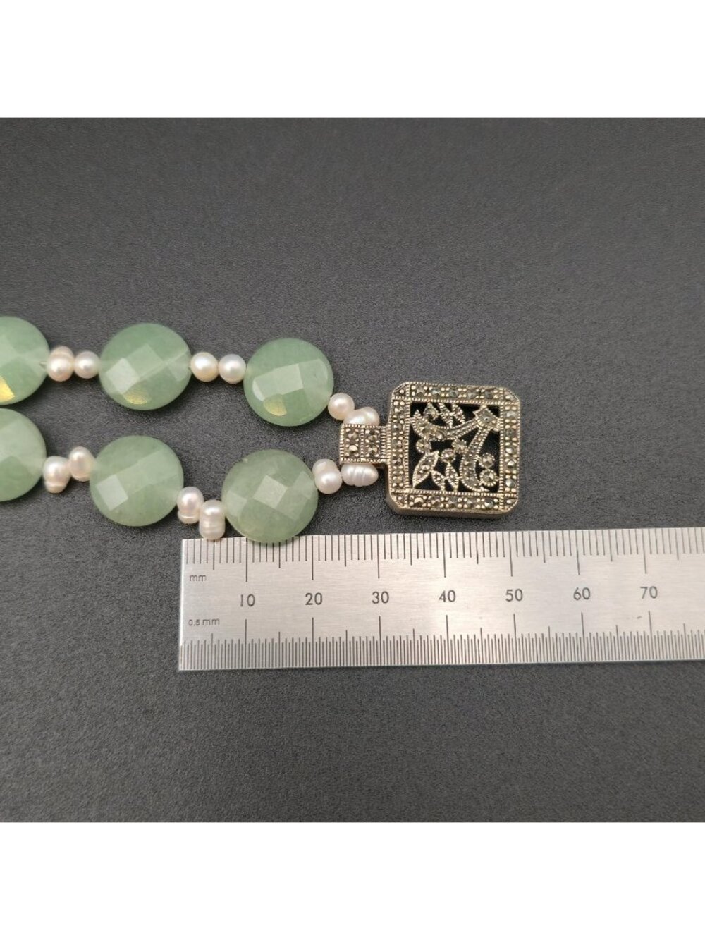 16 Inch Sterling Aventurine Faceted Coin Bead Necklace With Pearl Spacers B1344 - Picture 8 of 9